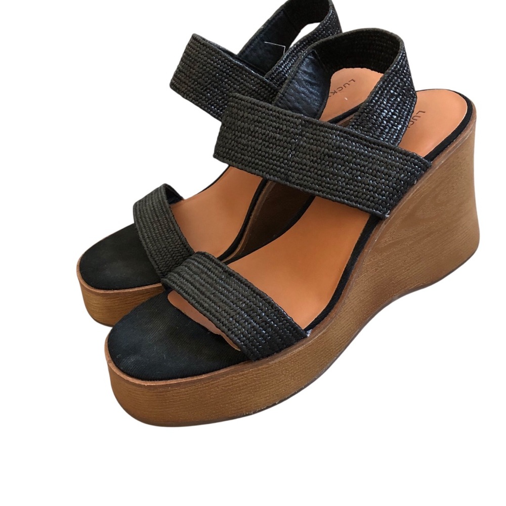Lucky Brand Black and Tan Wedge Sandals Womens 9.5M